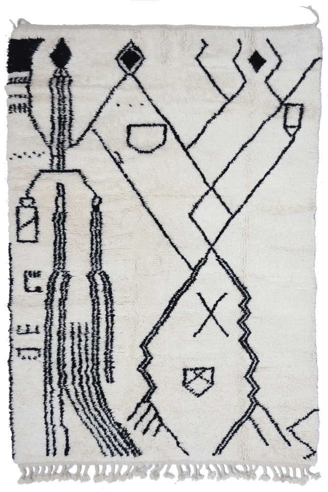 Handwoven Moroccan Beni Ourain wool rug featuring abstract Berber symbols and tribal motifs in black on a soft ivory background — a timeless piece from our authentic rug collection.