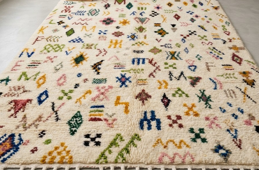 Multicolored Tribal Symbols Azilal Moroccan Wool Rug 300 x 200 cm