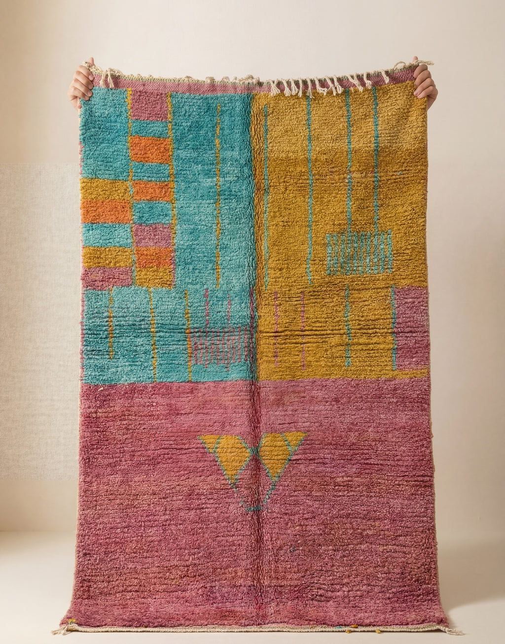 Abstract Geometric Pink & Teal Boujad Rug 260 x 150 cm