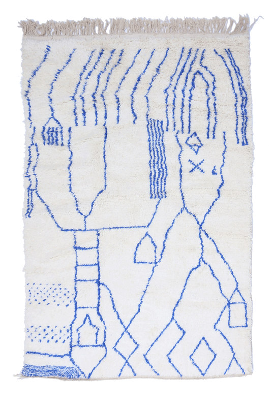 Beni Ourain Wool Rug – Abstract Blue Tribal Design 250 x 150cm