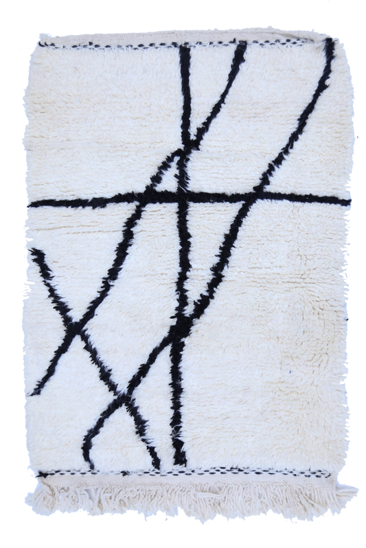 Small Beni Ourain Wool Rug –  Abstract Black Lines on Cream 108 x 70cm